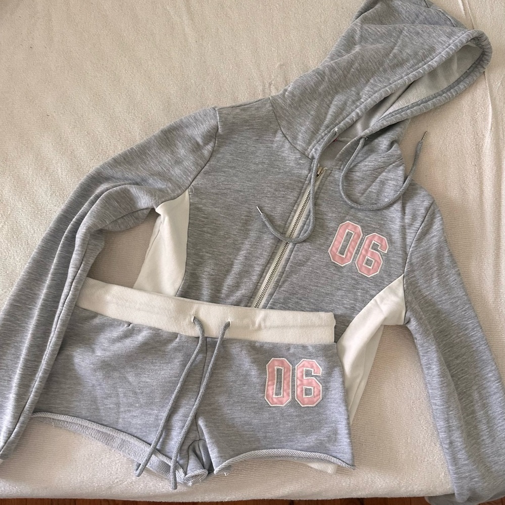 Gray and Pink Hoodie and Shorts Set